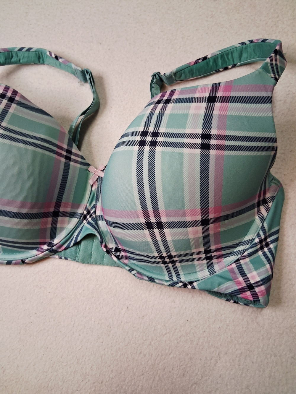 Ti VOGLIO Mint Plaid Padded Bra with Pink Accents - Picture 2 of 6